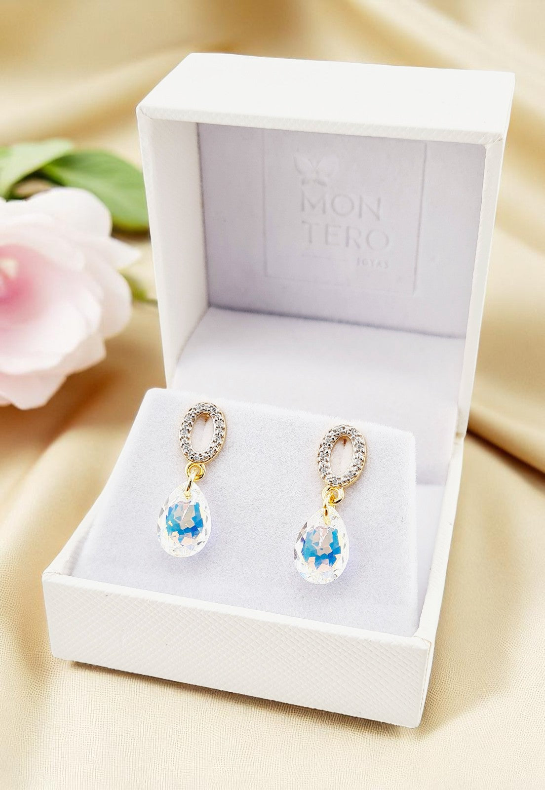 Aros Gota DE Luz Gold 24K Cristal Genuino Aurora Boreal