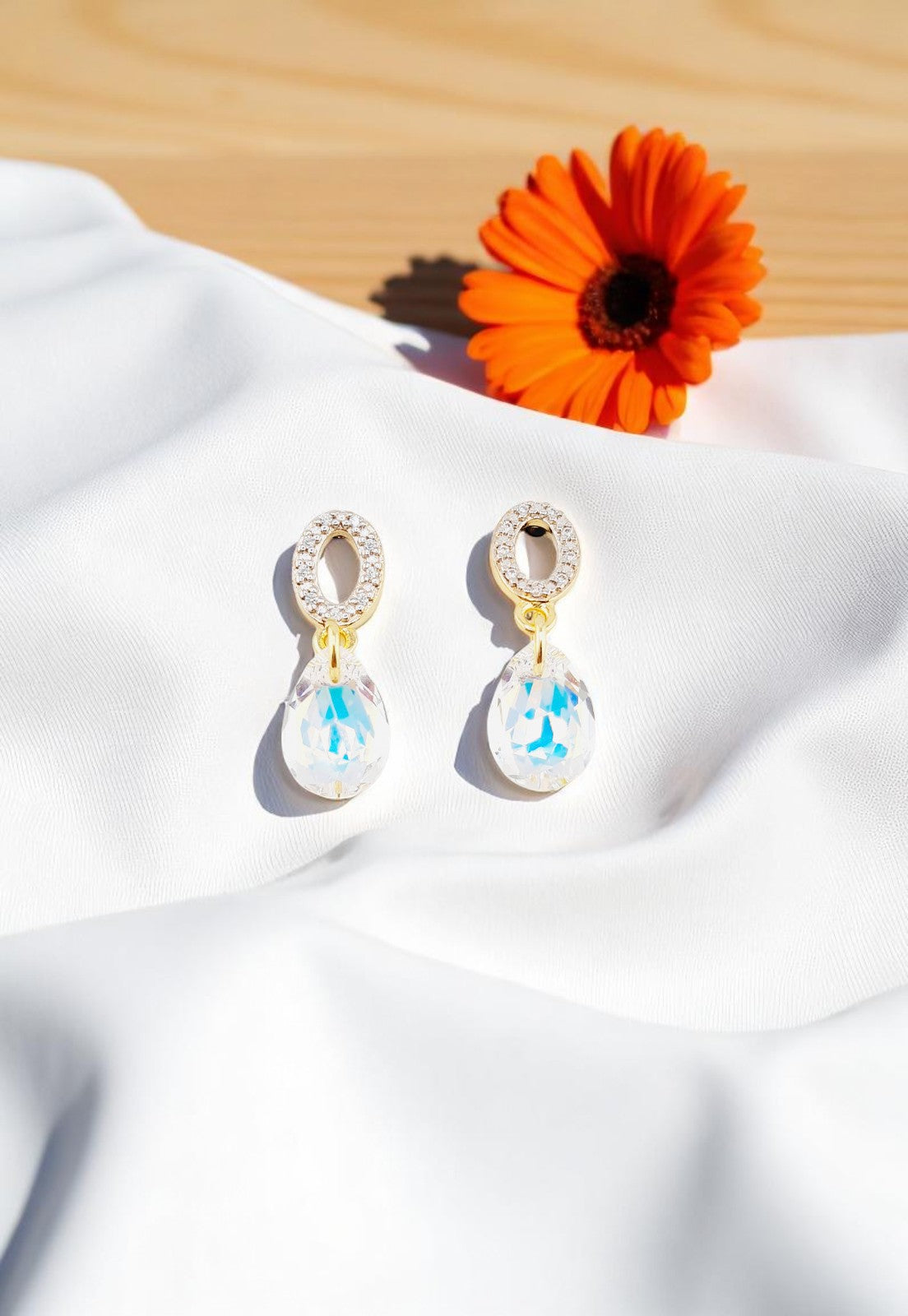 Aros Gota DE Luz Gold 24K Cristal Genuino Aurora Boreal