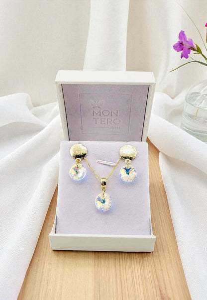Conjunto Amelia Gold 24K Cristal Genuino Aurora Boreal