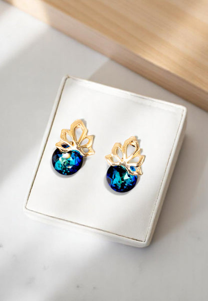 Aros Bali Gold 24K Cristal Genuino Bermuda Blue