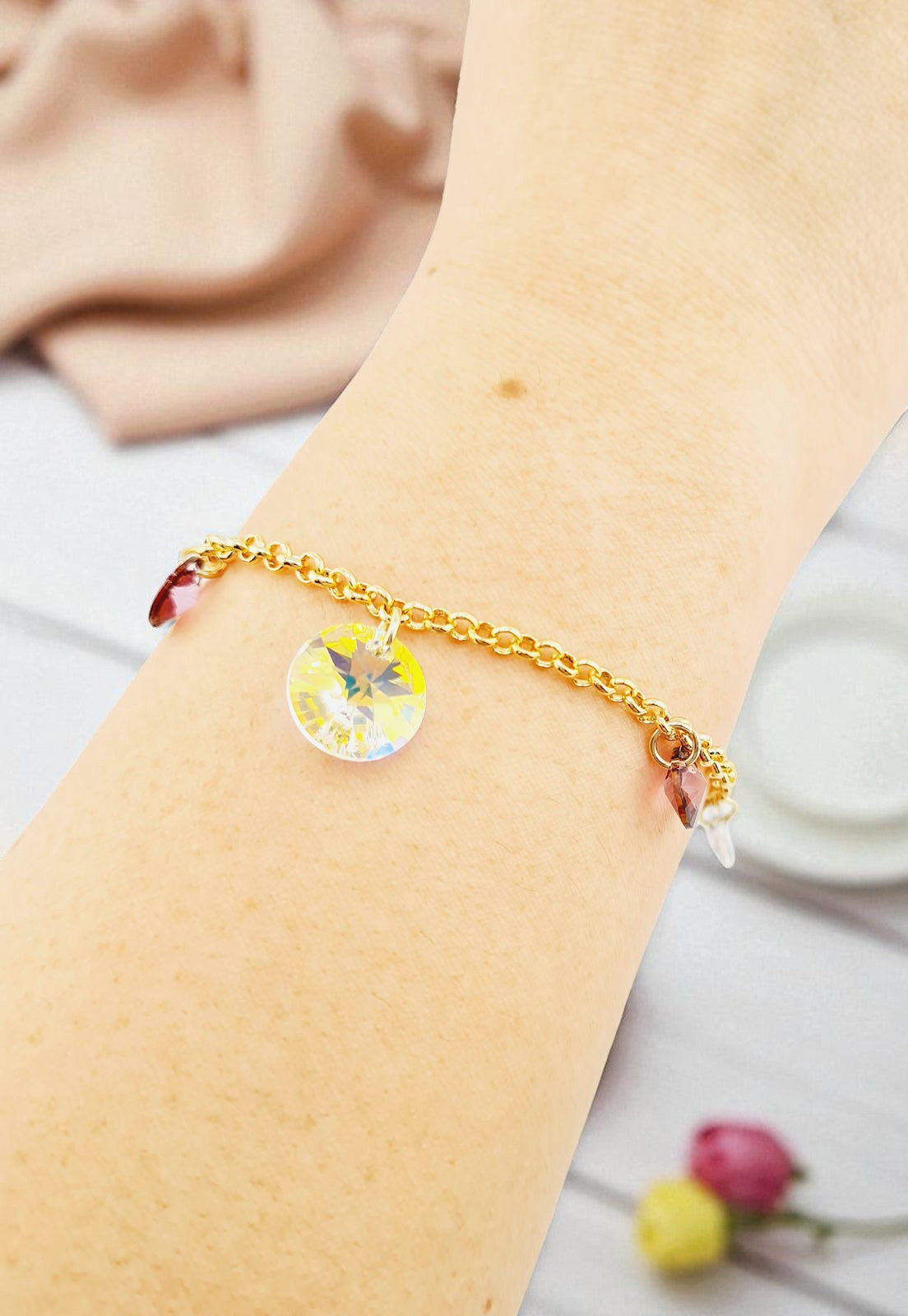 Pulsera Nepal Gold 24k Cristal Genuino Antique Pink