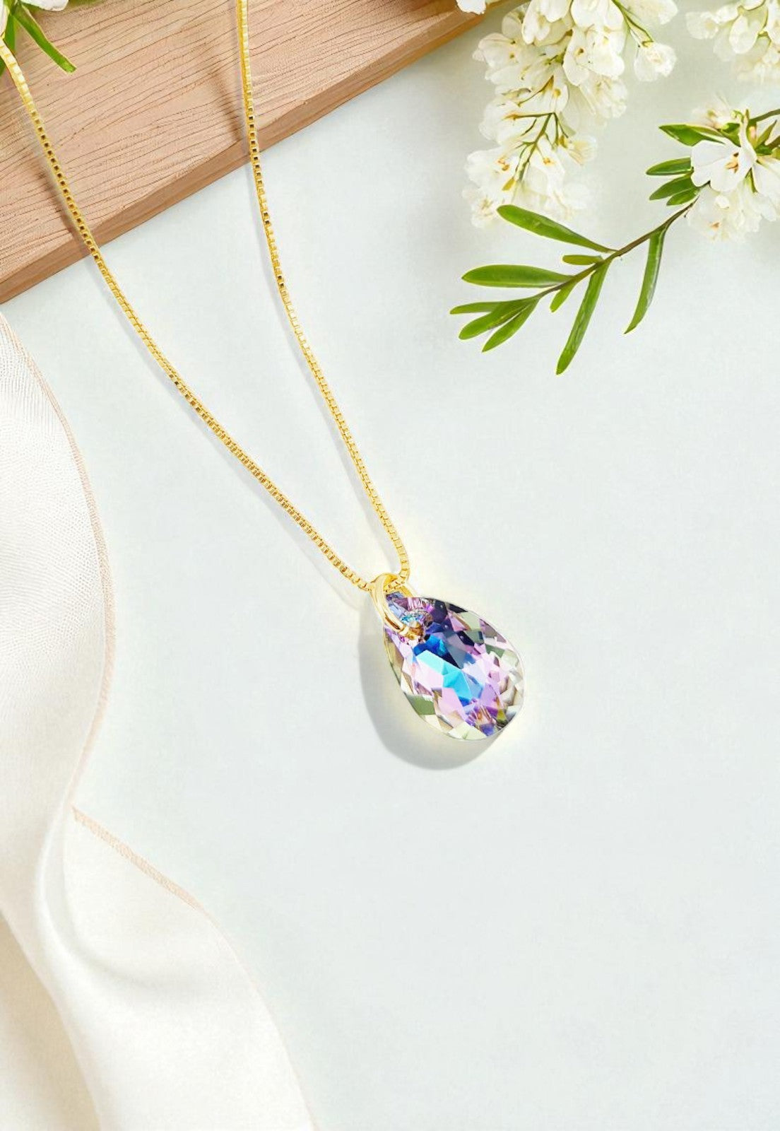 Collar Gota de Luz Gold 24K Cristal Genuino Vitral Light