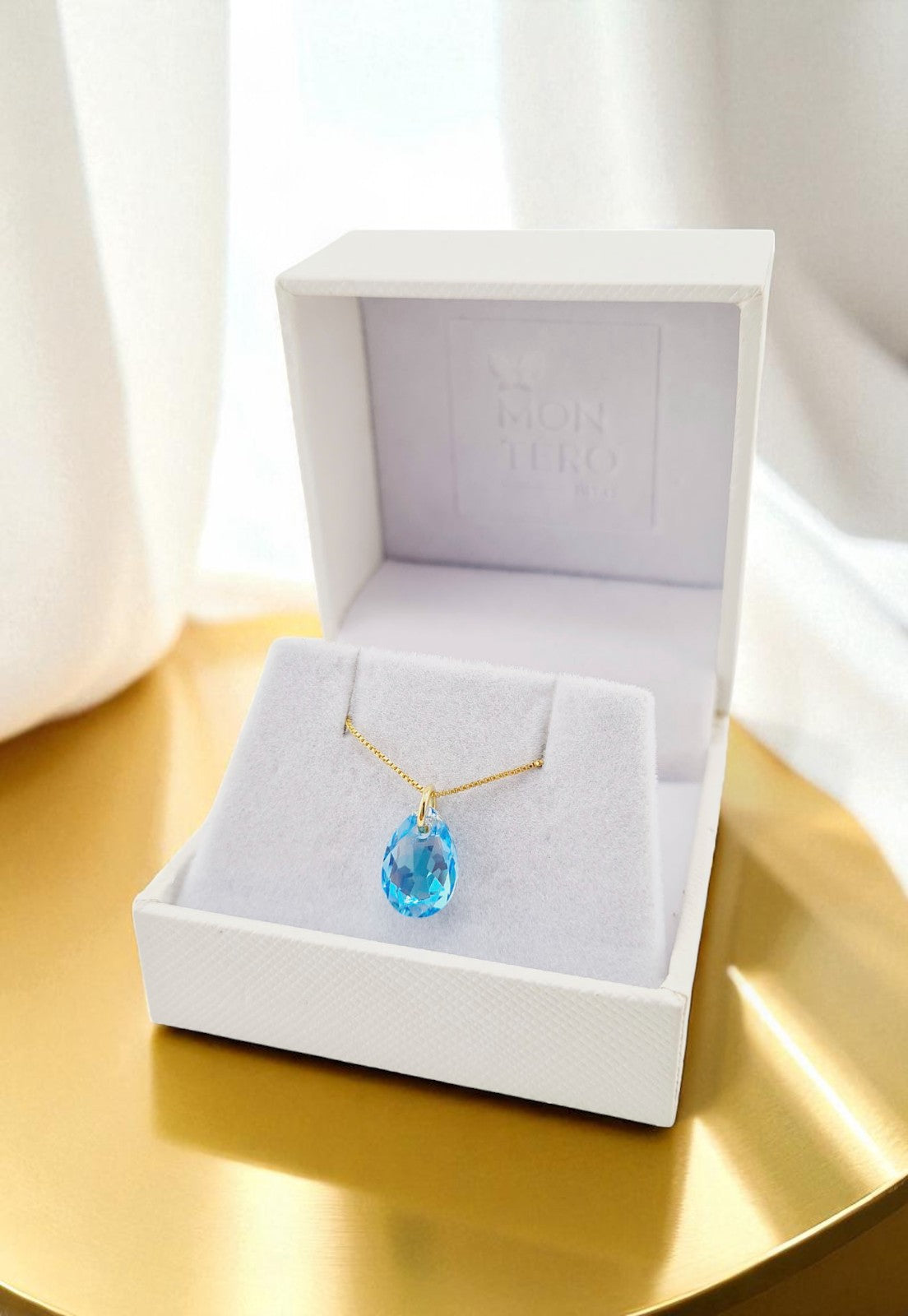 Collar Gota de Luz Gold 24K Cristale Genuino Aquamarine