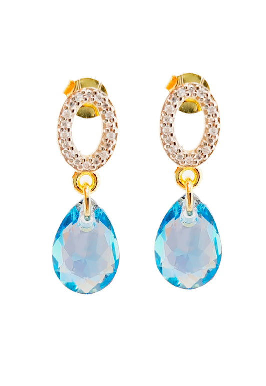 Aros Gota De Luz Gold 24K Cristal Genuino Aquamerine