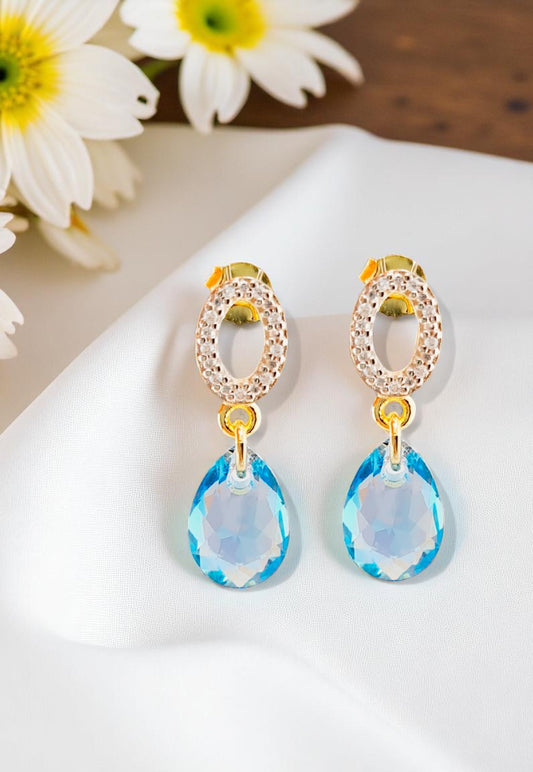 Aros Gota De Luz Gold 24K Cristal Genuino Aquamerine