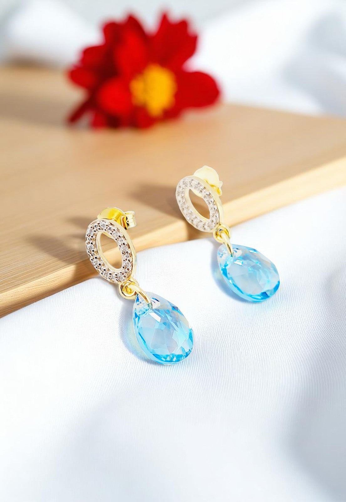 Aros Gota De Luz Gold 24K Cristal Genuino Aquamerine