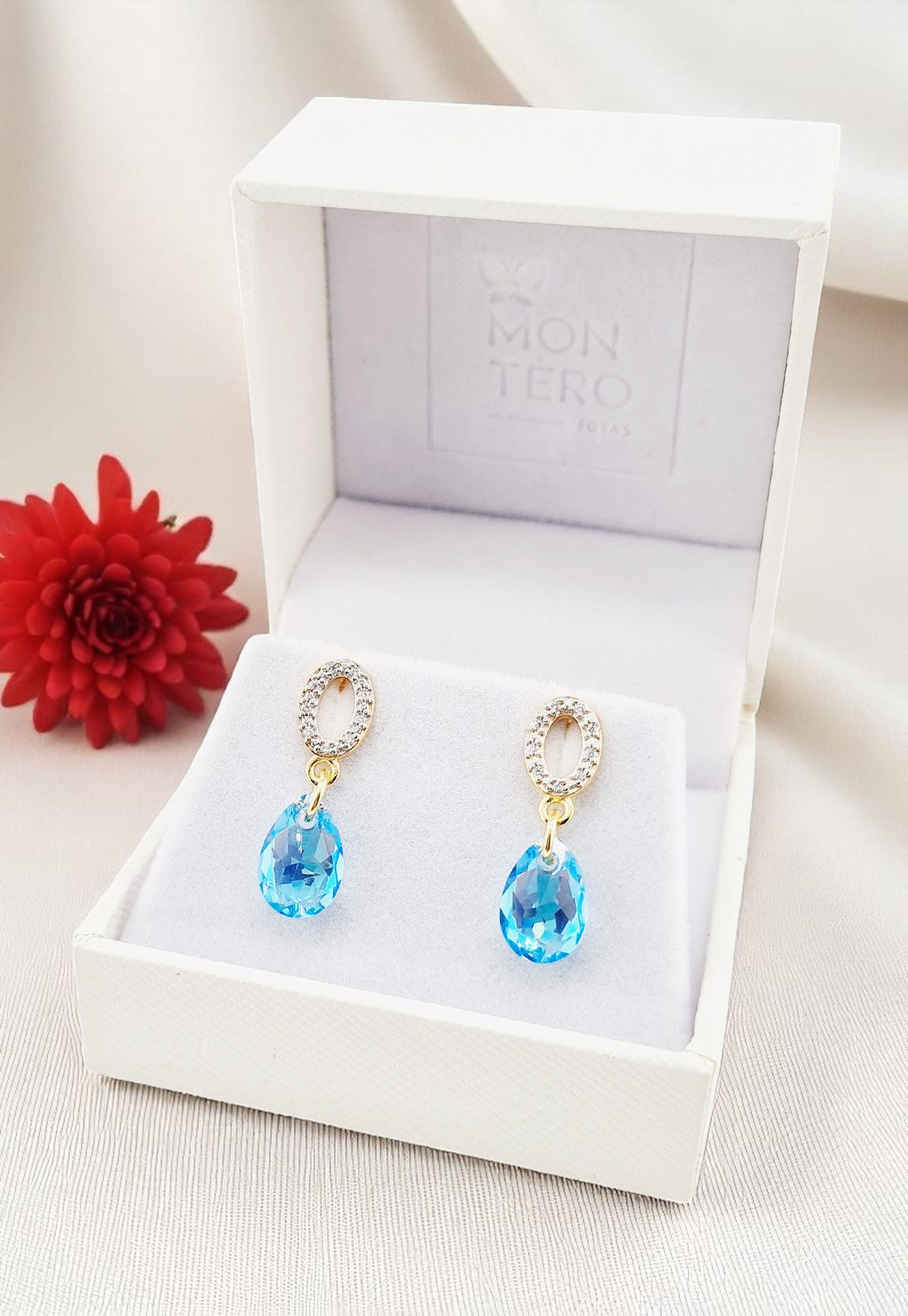 Aros Gota De Luz Gold 24K Cristal Genuino Aquamerine