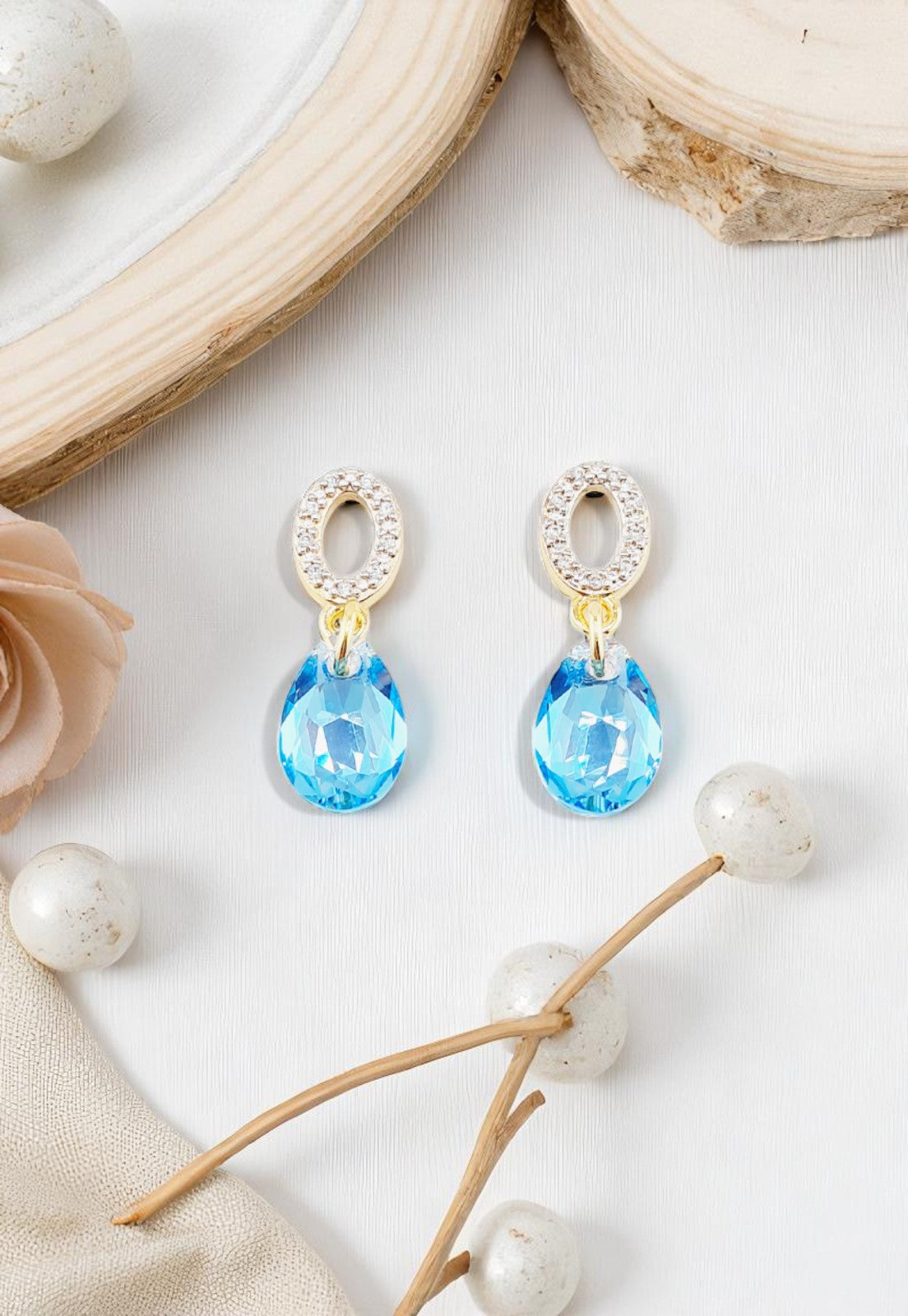 Aros Gota De Luz Gold 24K Cristal Genuino Aquamerine