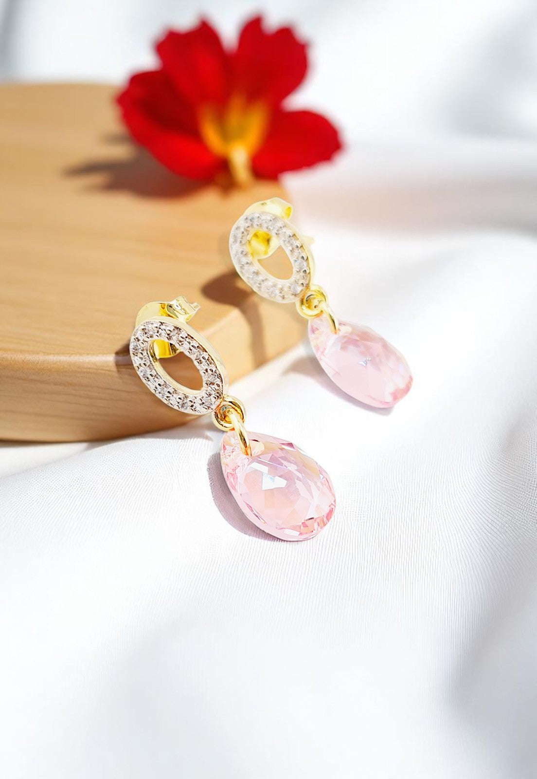 Aros Gota de Luz Gold 24K Cristales Genuinos Light Rose