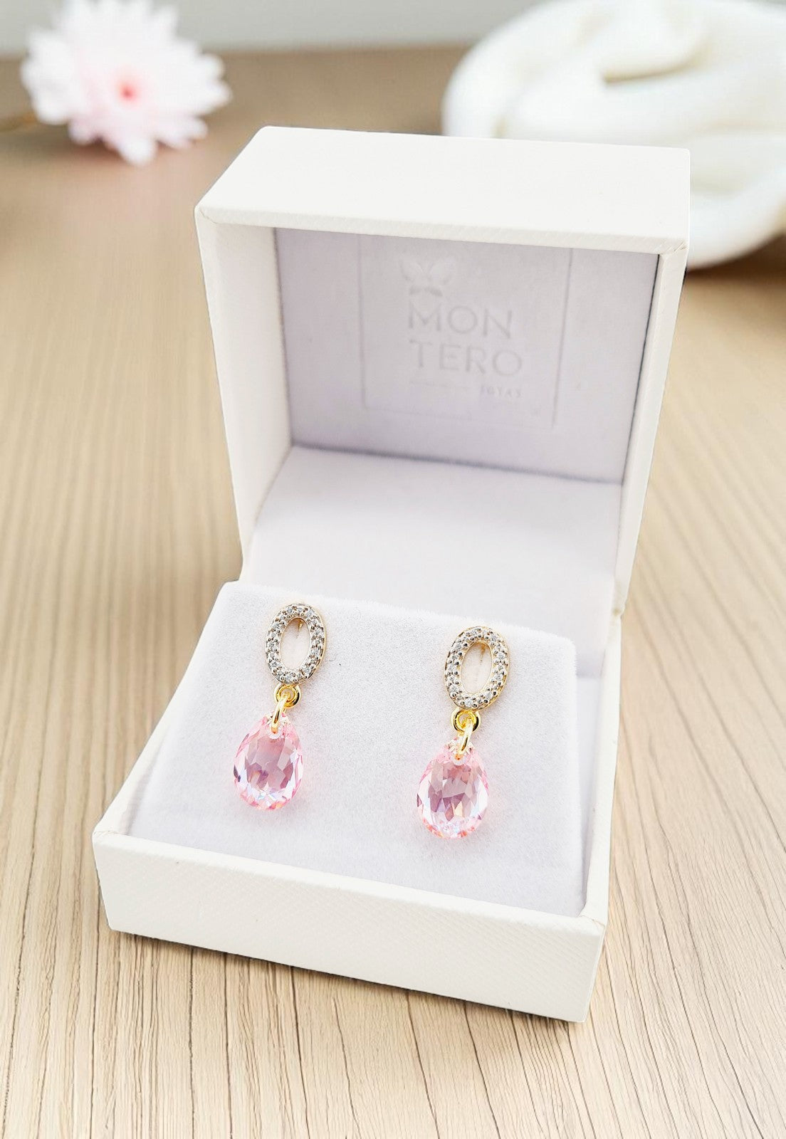 Aros Gota de Luz Gold 24K Cristales Genuinos Light Rose