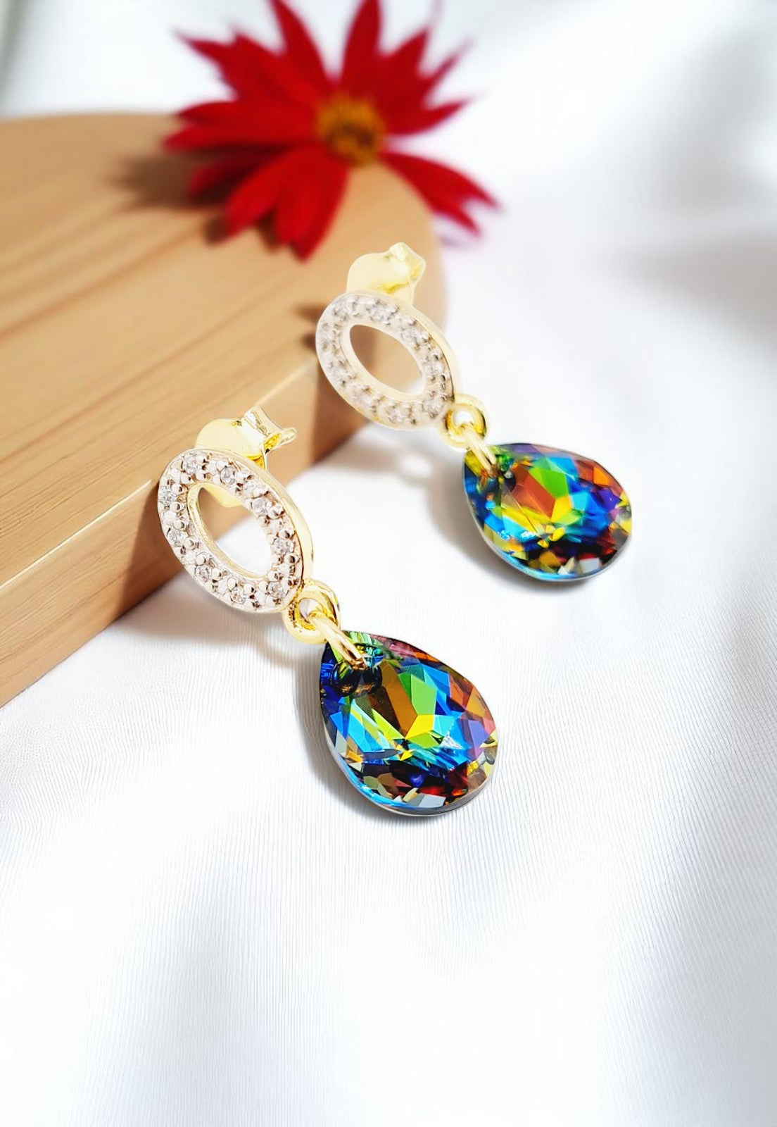 Aros Gota de Luz Gold 24k Cristal Genuino Vitral Medium