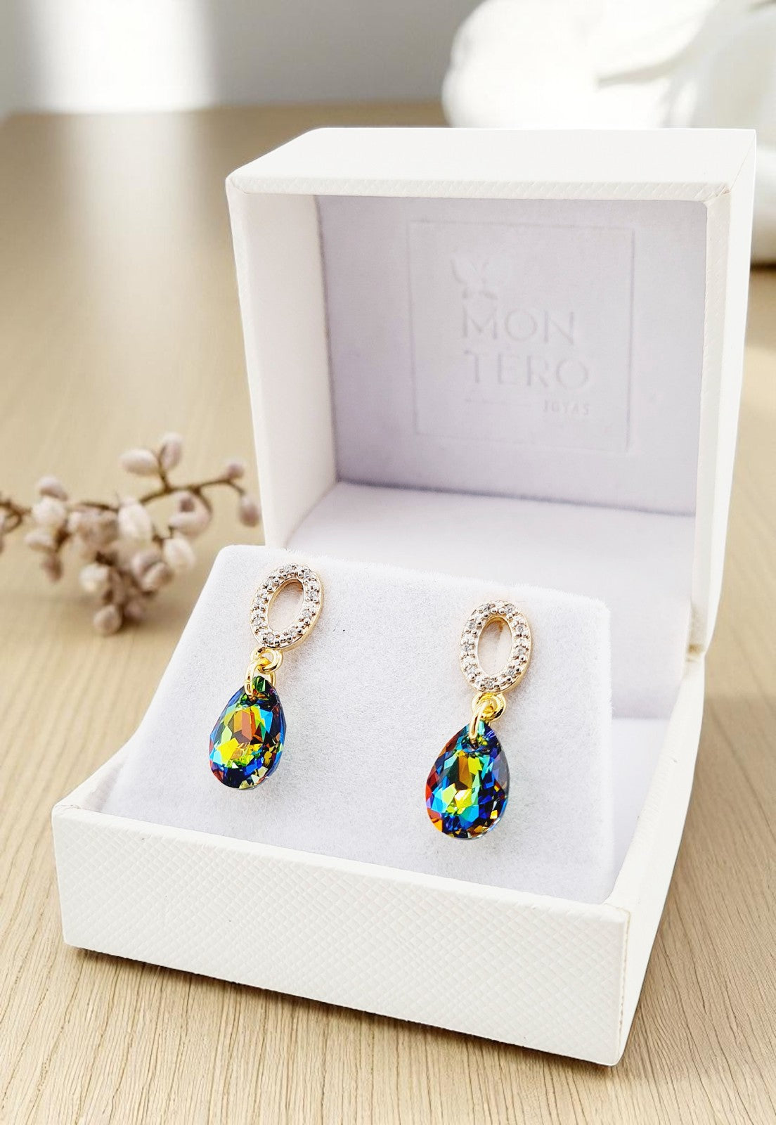 Aros Gota de Luz Gold 24k Cristal Genuino Vitral Medium