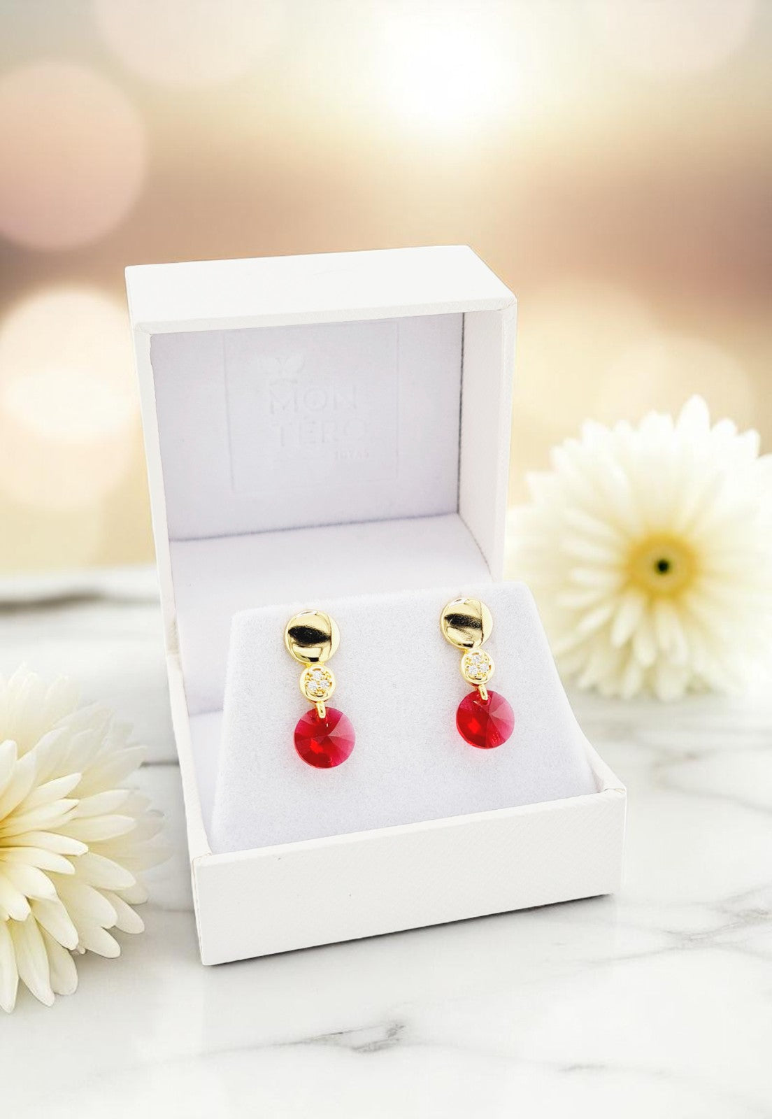 Aros Punto de Luz Gold 24K Cristal Genuino Scarlet