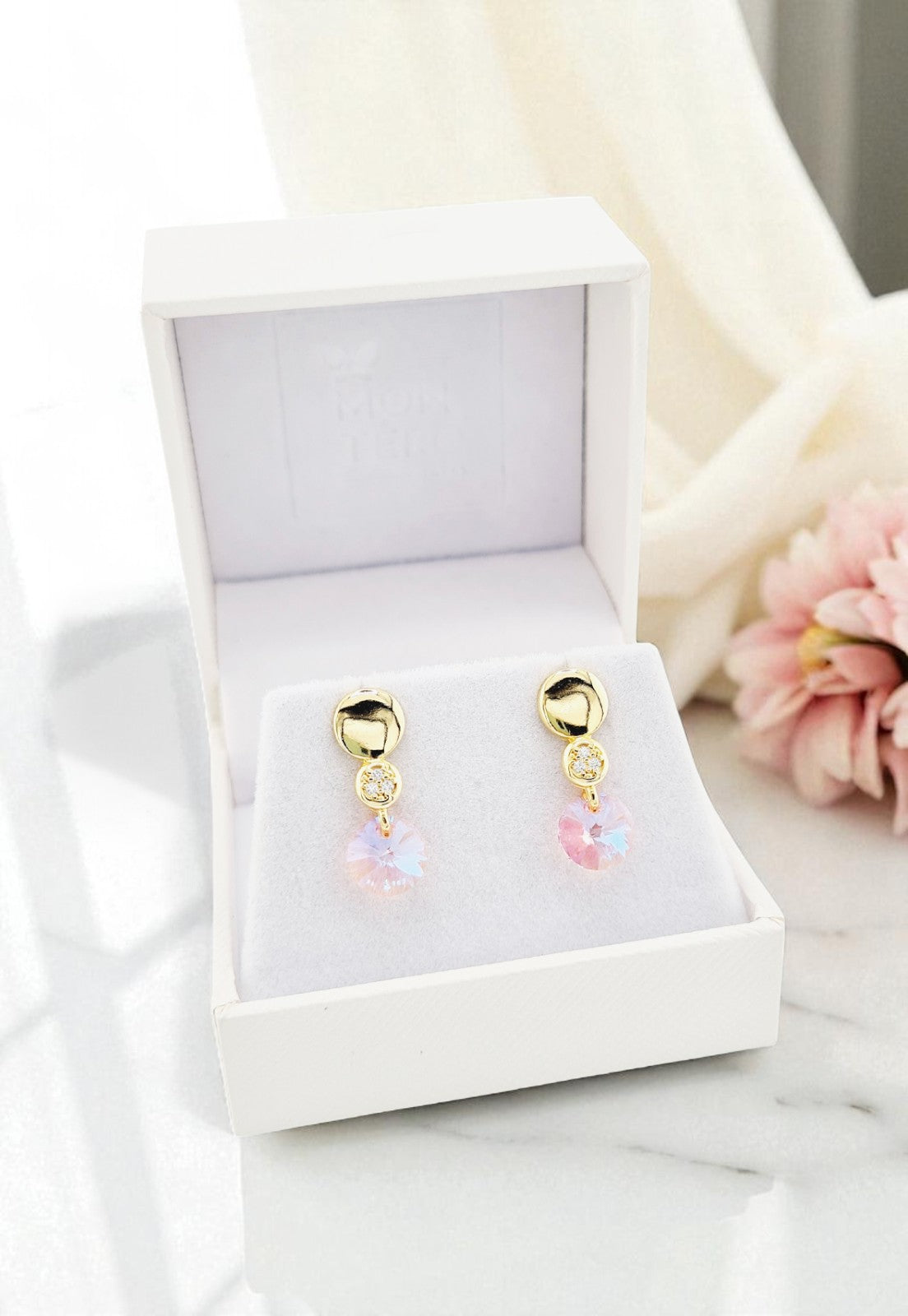 Aros Punto de Luz Gold 24K Cristal Genuino Rose Shimmer