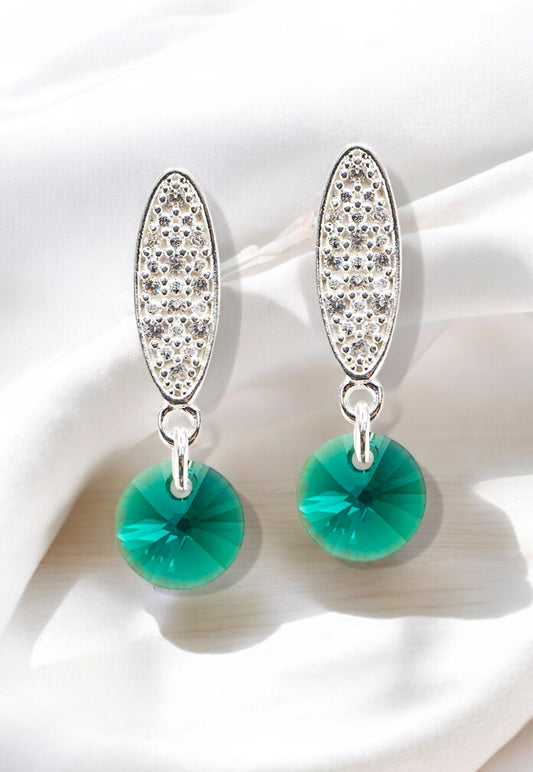 Aros Punto de Luz Baño de Oro Blanco Cristal Genuino Emerald