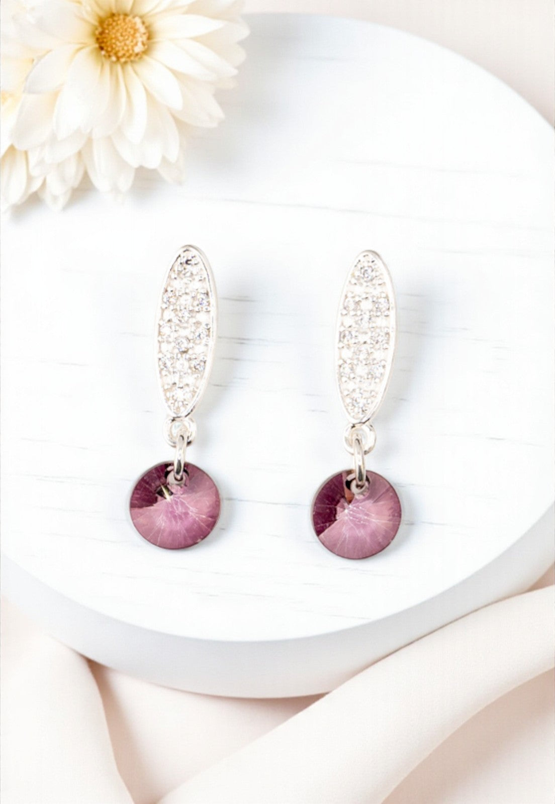 Aros Punto De Luz Con Baño de Oro Blanco Cristal Genuino Antique Pink