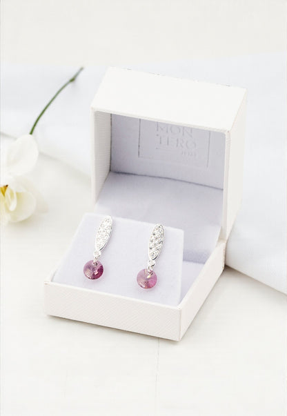 Aros Punto De Luz Con Baño de Oro Blanco Cristal Genuino Antique Pink