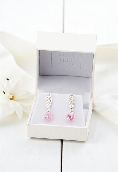 Aros Punto de Luz Baño de Oro Blanco Cristales Rose Shimmer