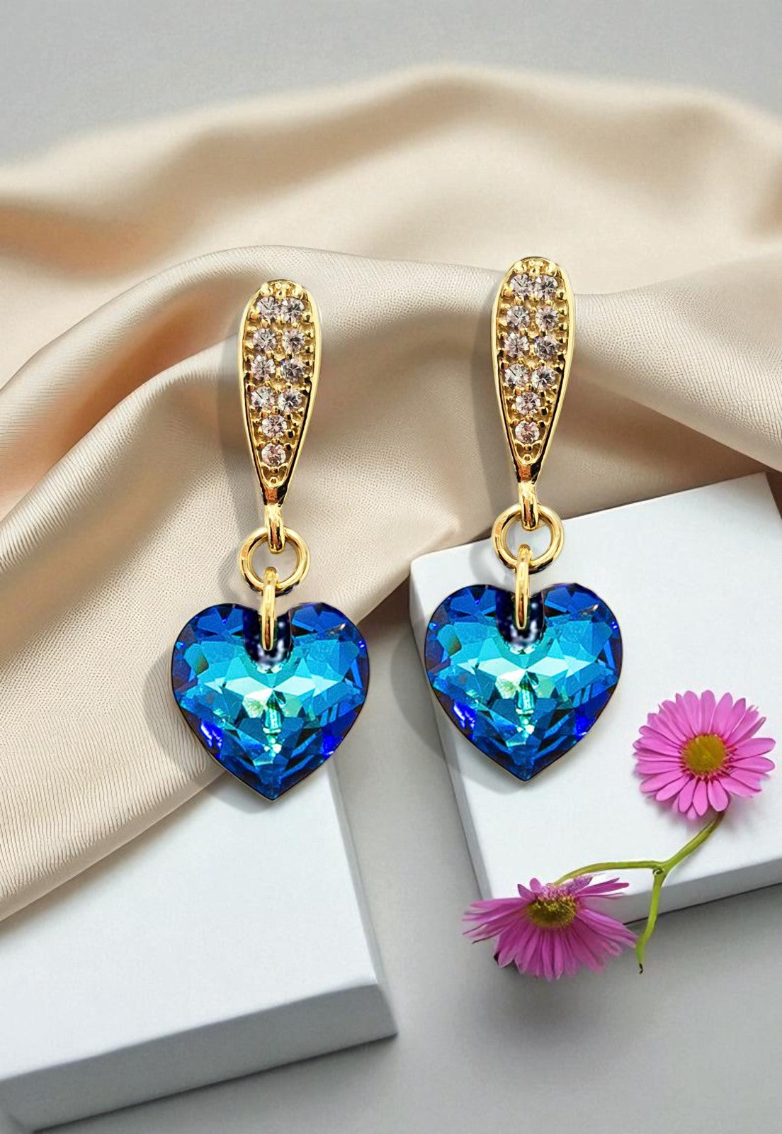 Aros Amor Gold 24K Cristal Genuino Bermuda Blue