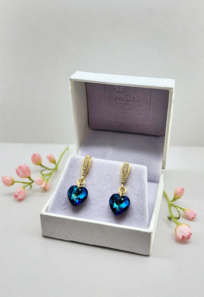 Aros Amor Gold 24K Cristal Genuino Bermuda Blue