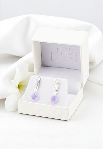 Aros Punto de Luz Baño de Oro Blanco Cristales Violeta