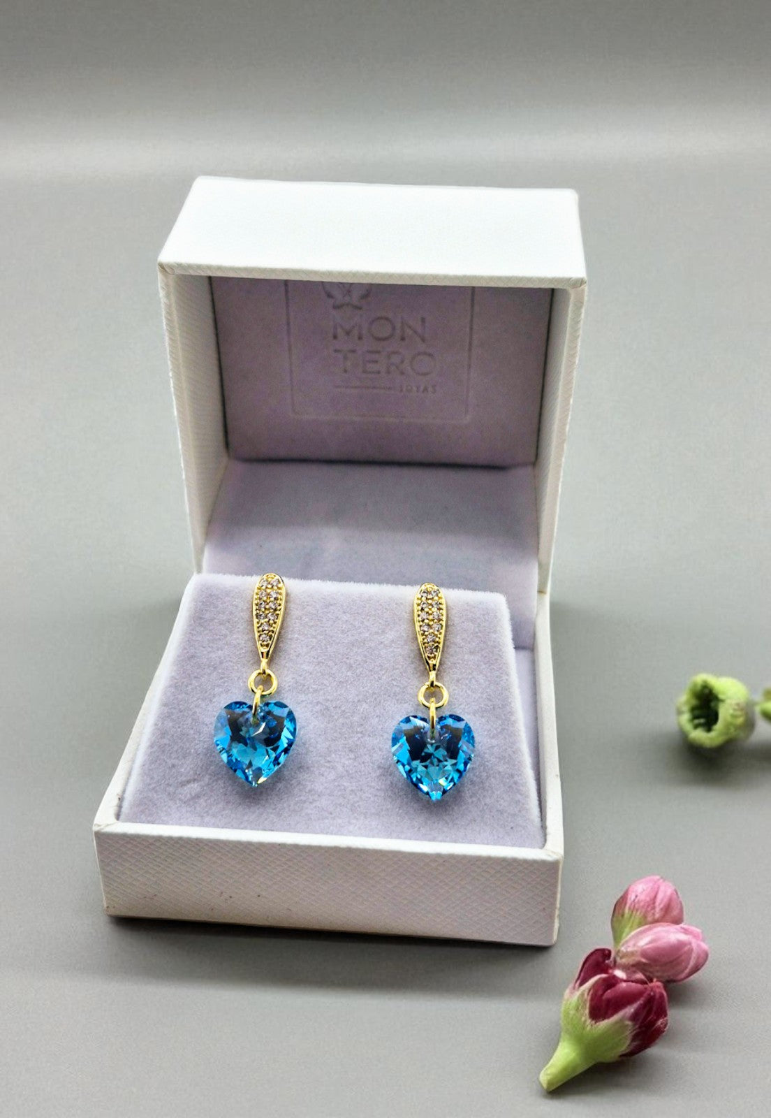 Aros Amor Gold 24K Cristal Genuino Aquamarine Shimmer