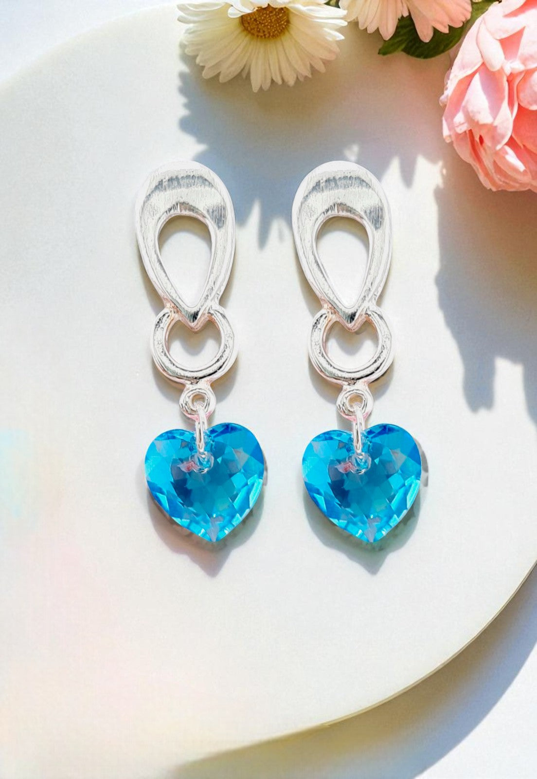 Aros Amor Baño Oro Blanco Cristal Genuino Aquamarine