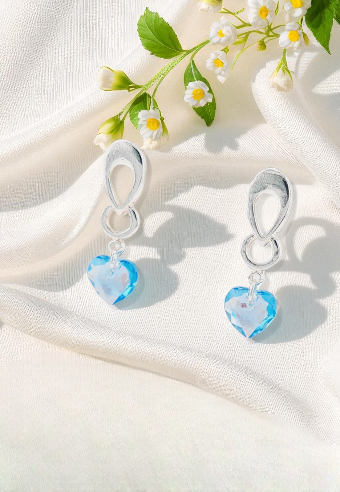 Aros Amor Baño Oro Blanco Cristal Genuino Aquamarine