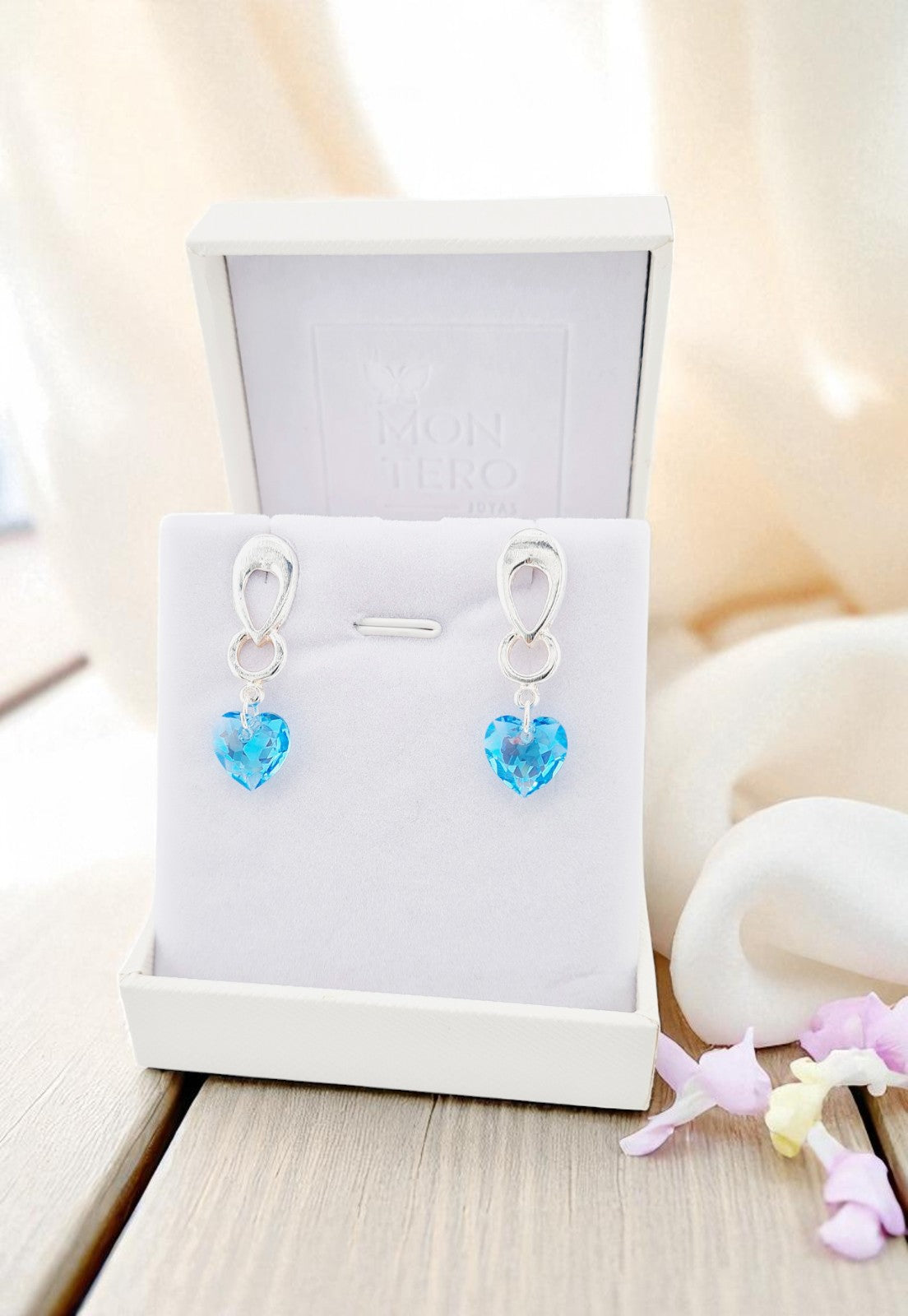 Aros Amor Baño Oro Blanco Cristal Genuino Aquamarine