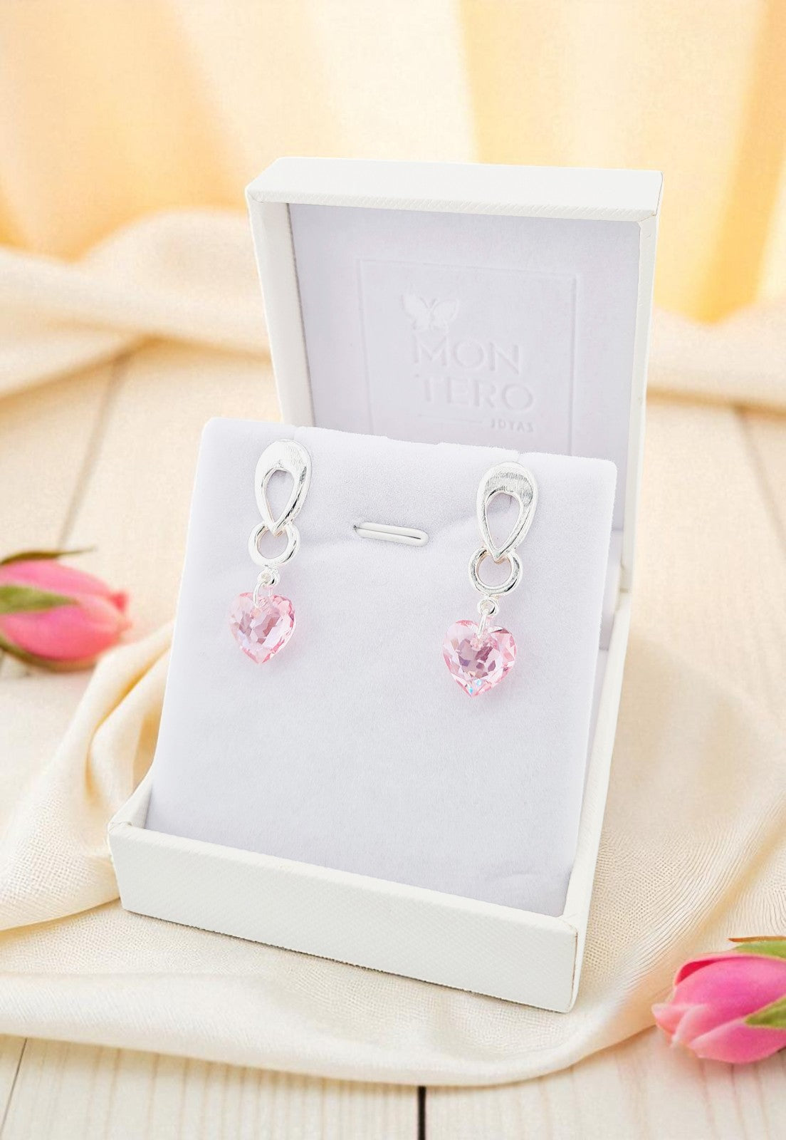 Aros Amor Baño Oro Blanco Cristal Genuino Rose