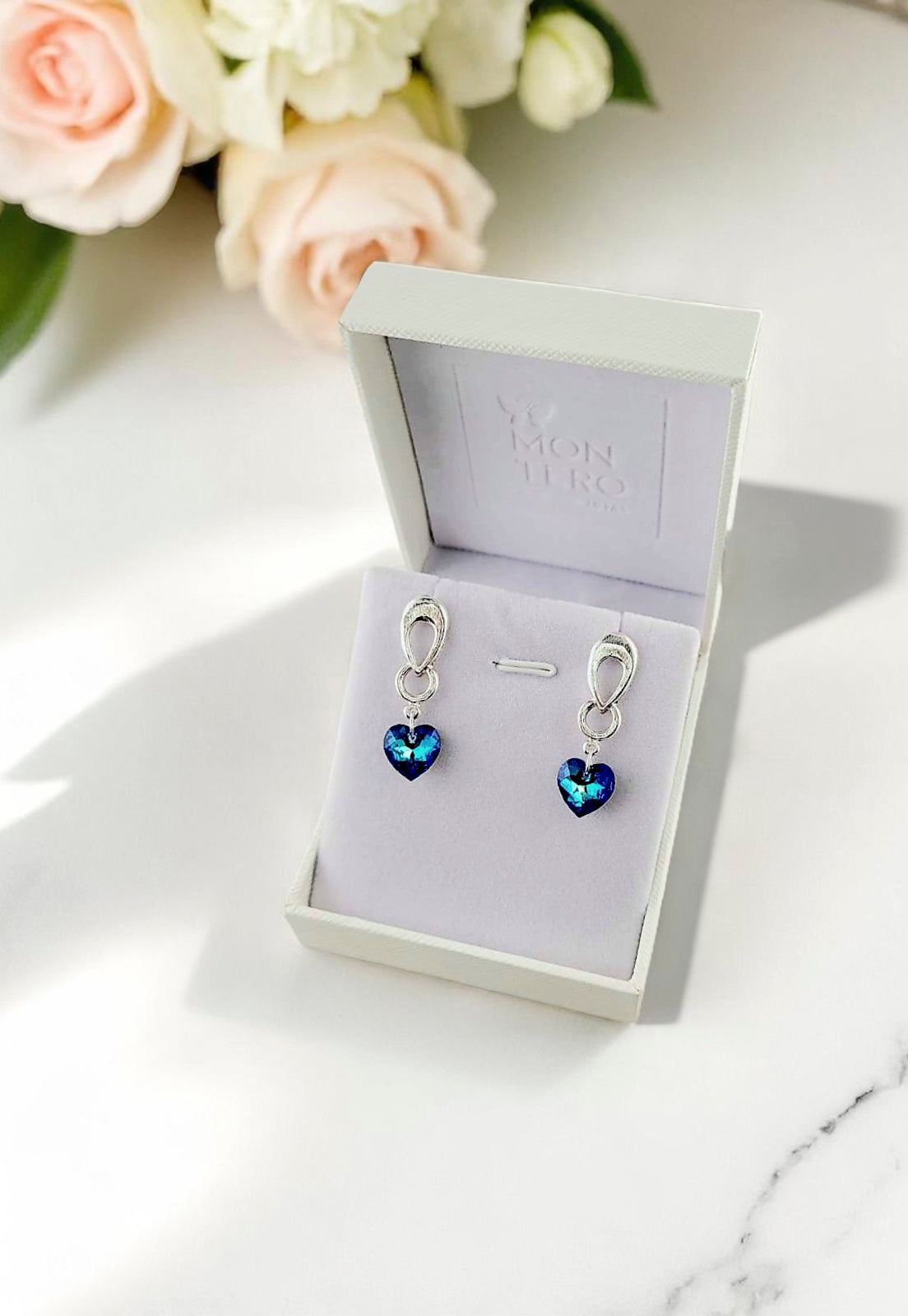 Aros Amor Baño Oro Blanco Cristal Genuino Bermuda Blue