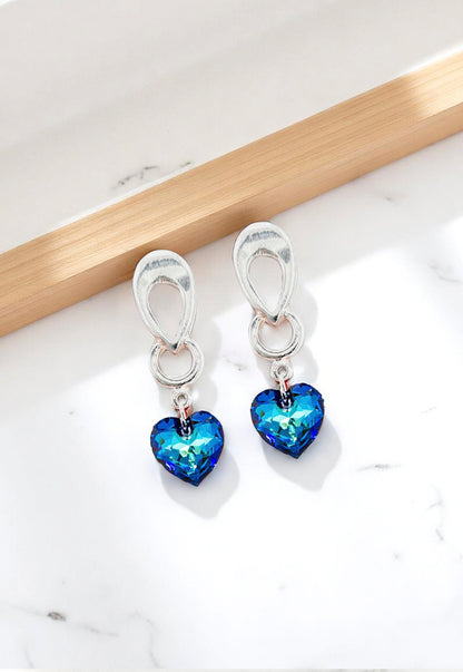 Aros Amor Baño Oro Blanco Cristal Genuino Bermuda Blue