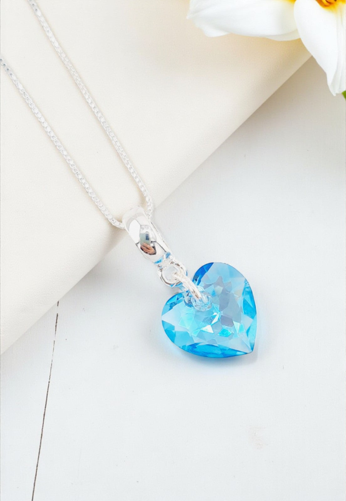 Collar Amor Baño Oro Blanco Cristal Genuino Aquamarine