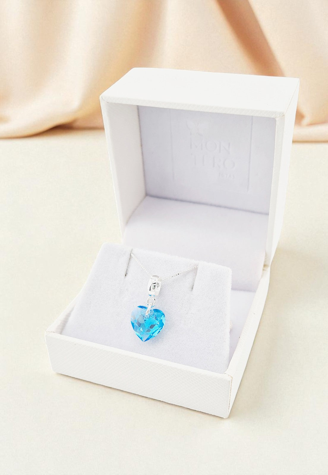 Collar Amor Baño Oro Blanco Cristal Genuino Aquamarine