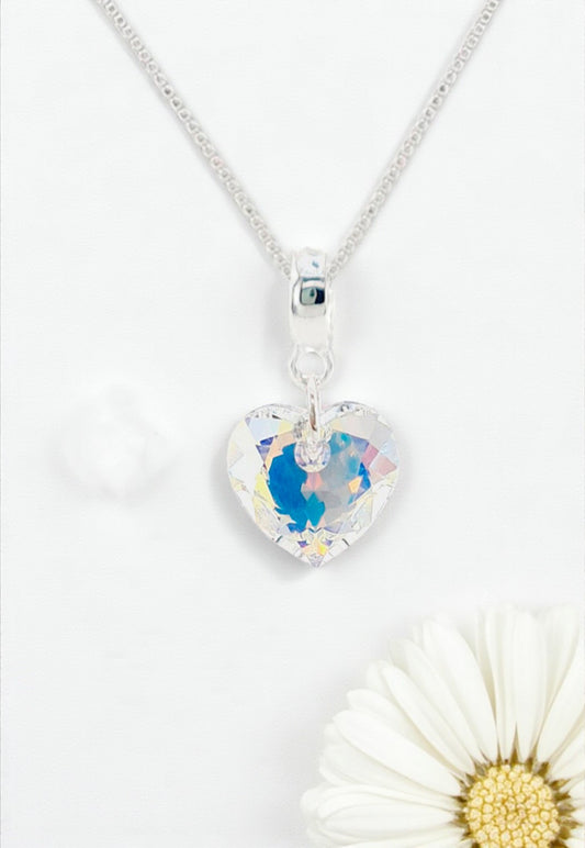 Collar Amor Baño Oro Blanco Cristal Genuino Aurora Boreal
