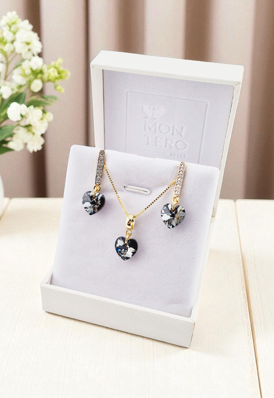 Conjunto Romance Gold 24K Cristal Genuino Silver Night