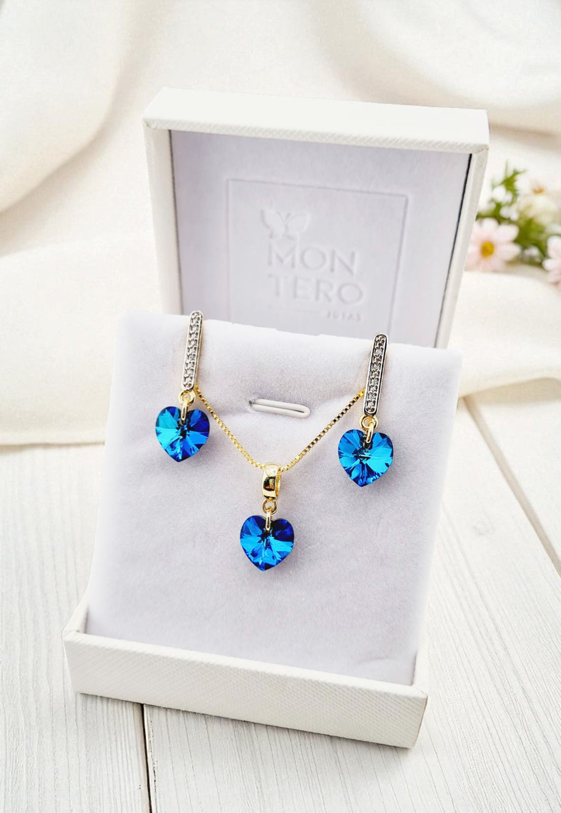 Conjunto Romance Gold 24K Cristal Genuino Bermuda Blue