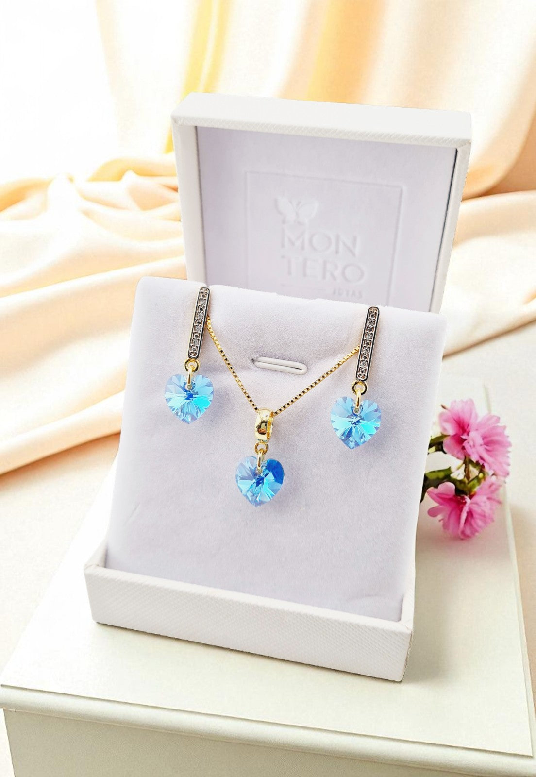 Conjunto Romance Gold 24K Cristal Genuino Aquamarine