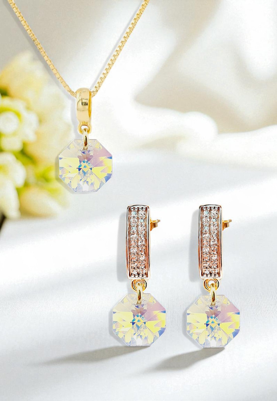 Conjunto Bruselas Baño Oro 24K Cristal Genuino Aurora Boreal