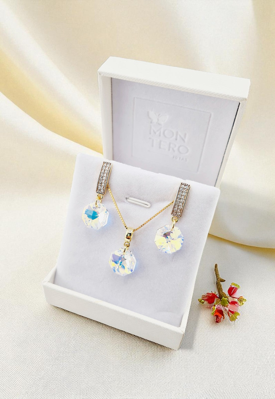 Conjunto Bruselas Baño Oro 24K Cristal Genuino Aurora Boreal