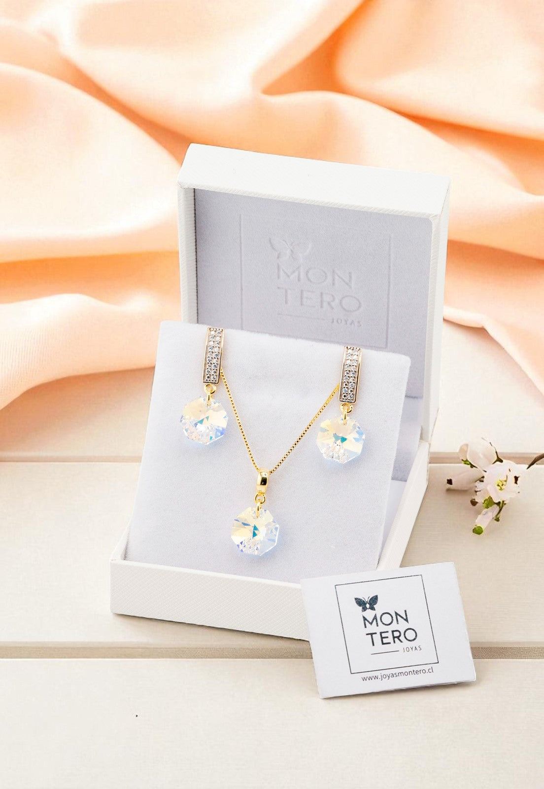 Conjunto Bruselas Baño Oro 24K Cristal Genuino Aurora Boreal