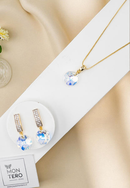 Conjunto Bruselas Baño Oro 24K Cristal Genuino Aurora Boreal