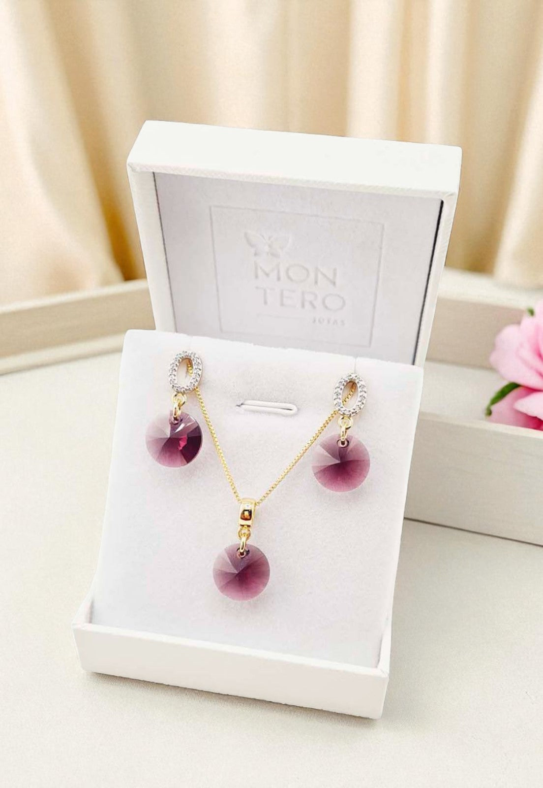 Conjunto Madrid Gold 24K Cristal Genuino Amethyst