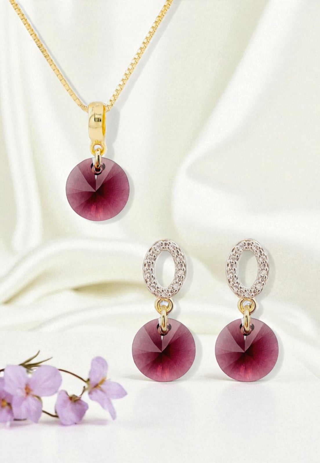 Conjunto Madrid Gold 24K Cristal Genuino Amethyst