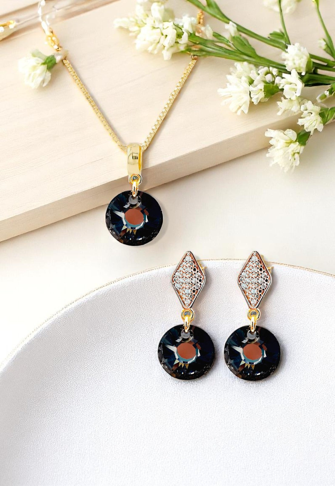 Conjuto Enigma Gold 24K Cristal Genuino Silver Night