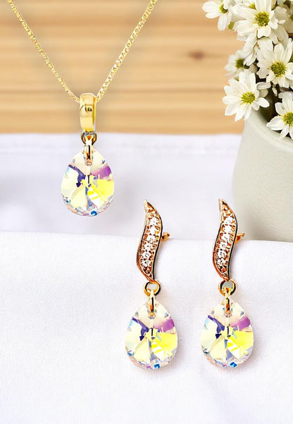 Conjunto Encanto Gold 24K Cristal Genuino Aurora Boreal