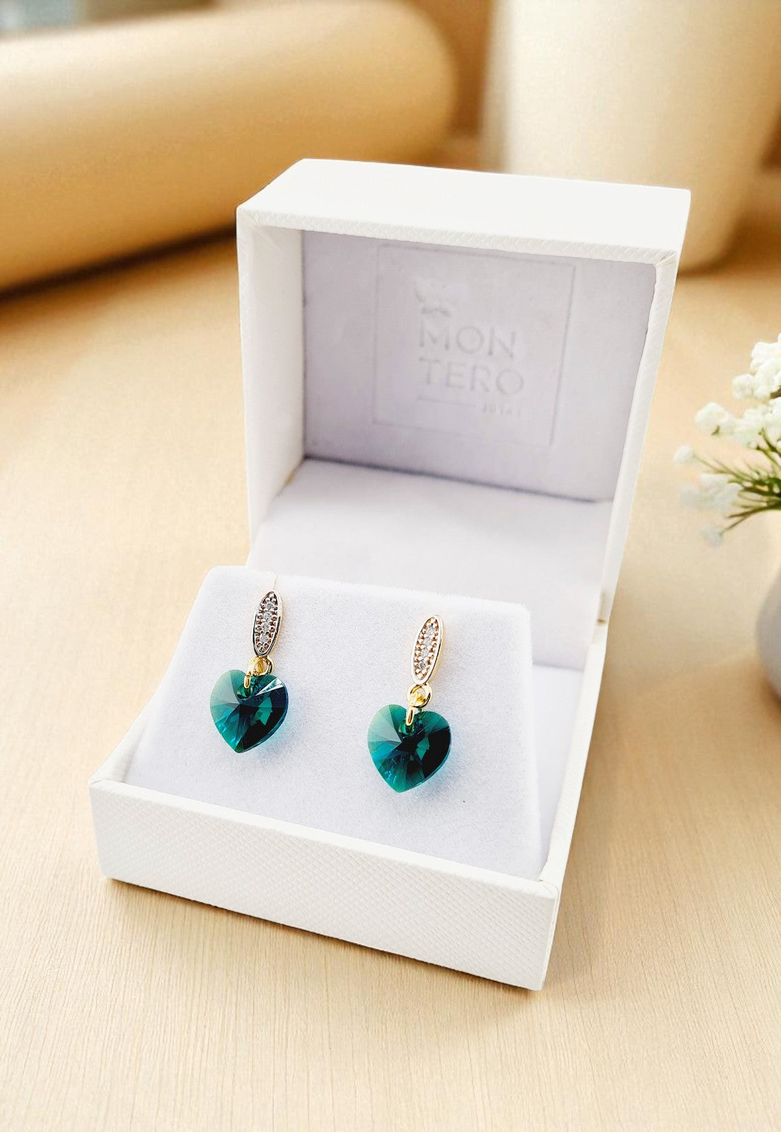 Aros Romance Gold 24K Cristal Genuino Emerald