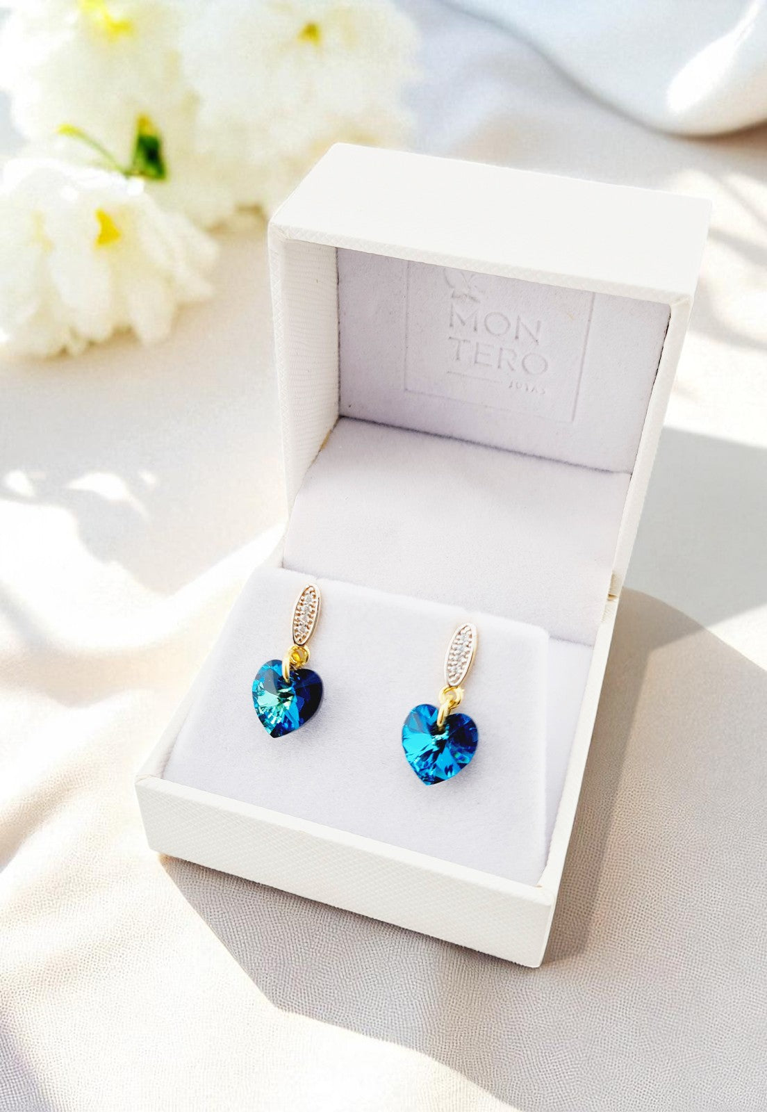 Aros Romance Gold 24K Cristale Genuino Bermuda Blue