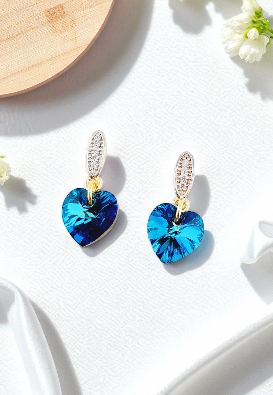 Aros Romance Gold 24K Cristale Genuino Bermuda Blue