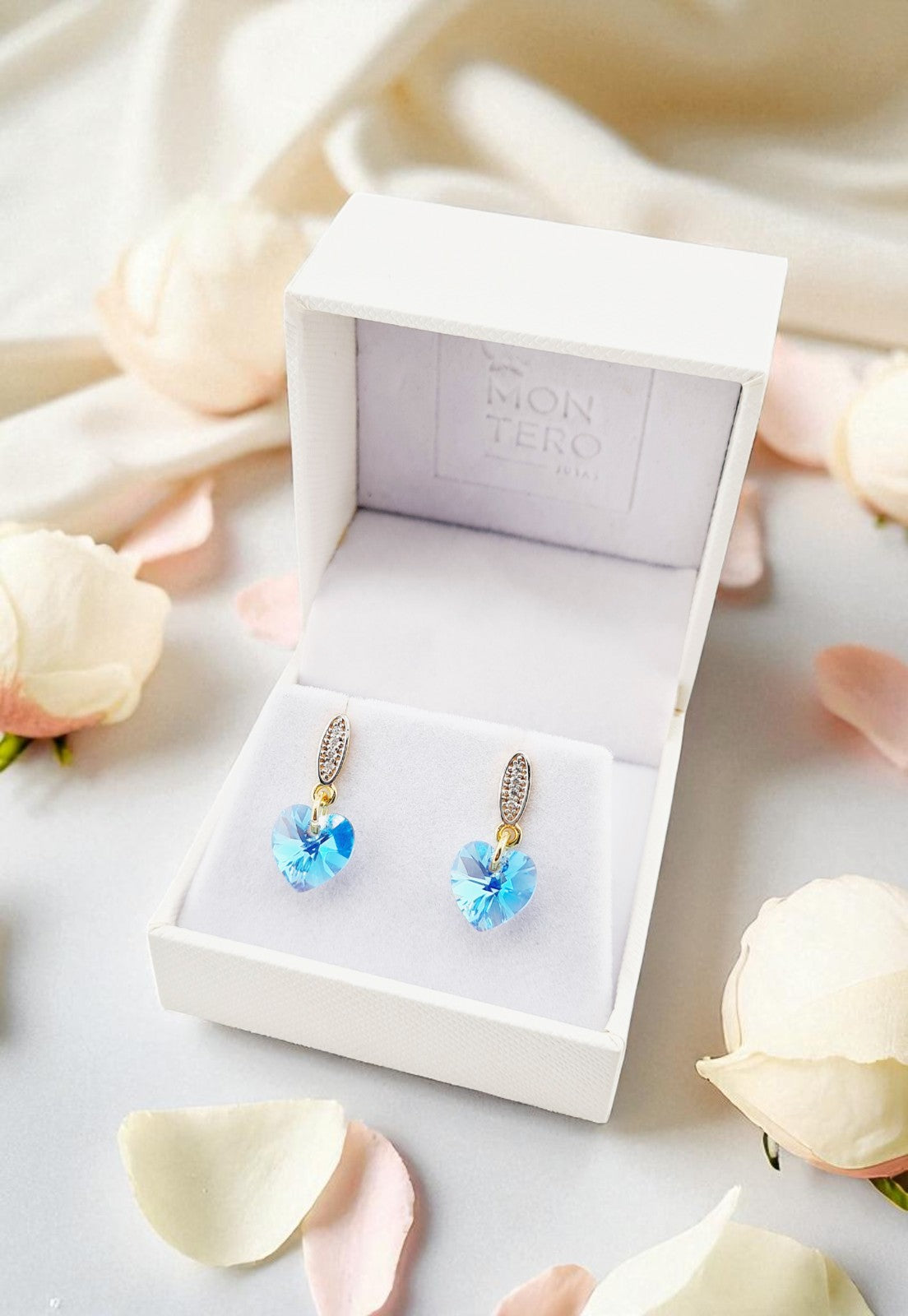 Aros Romance Gold 24KCristal Genuino Aquamarine